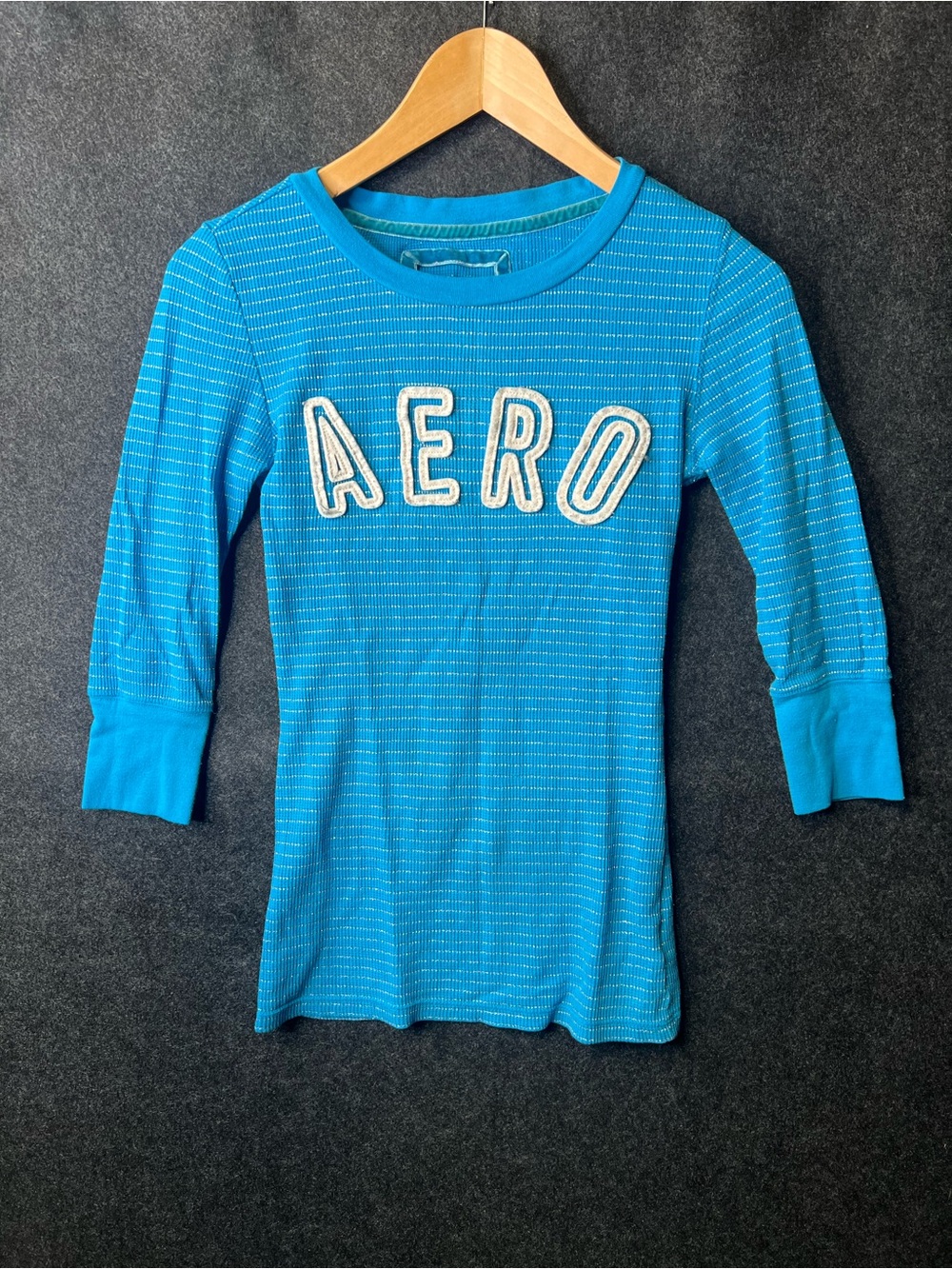 Y2K Aeropostale Stretch Womens 3/4 Sleeve Chunky Embroidered Logo Shirt Blue SM